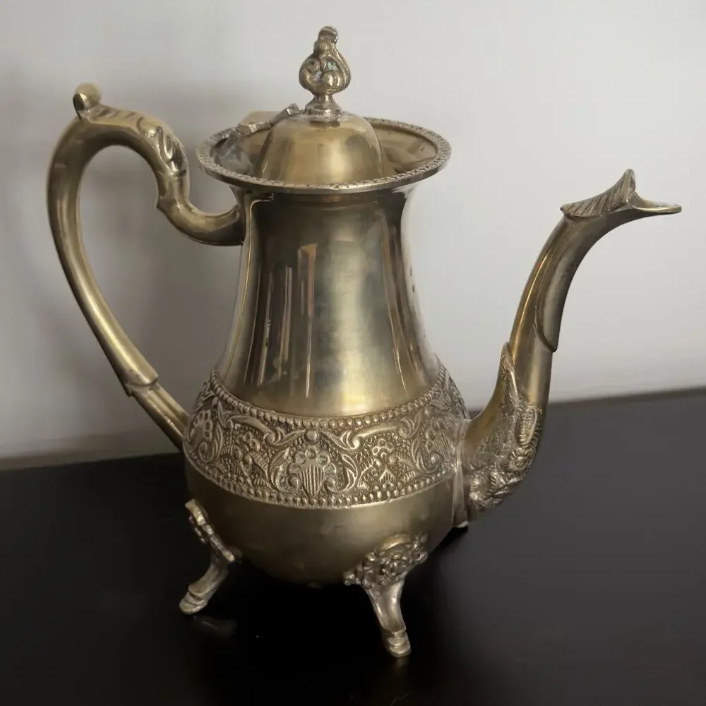 Vintage Ornate Brass Coffee Tea Pot Footed Floral Embossed Decorative Ewer